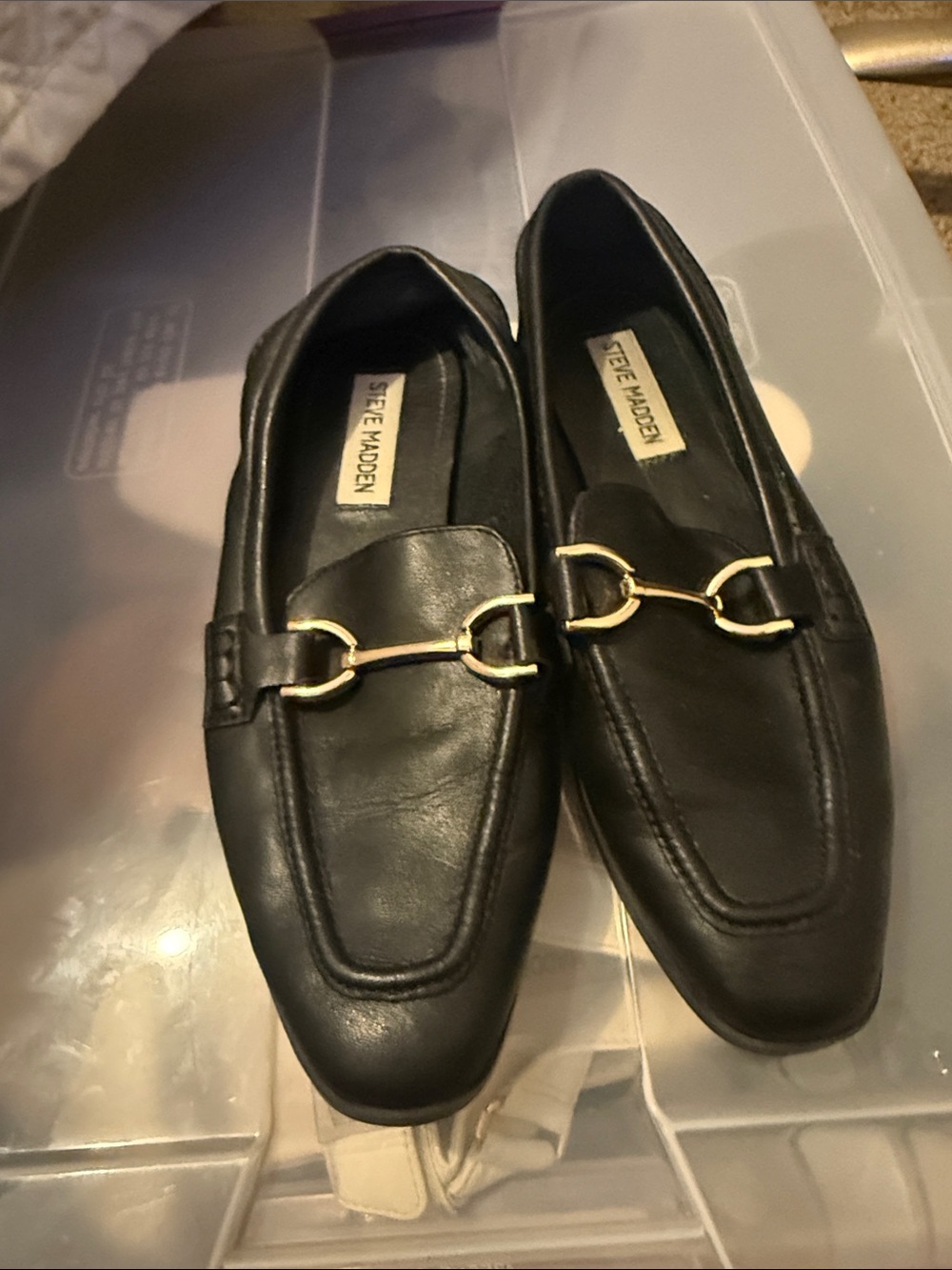 Steve Madden Black Leather Loafers with Gold Bit Accent